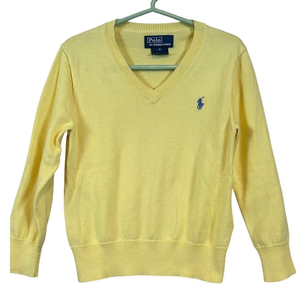 Polo Ralph Lauren‎ Kids Yellow V-Neck Cotton Knit Sweater Size 4 Blue Pony Logo